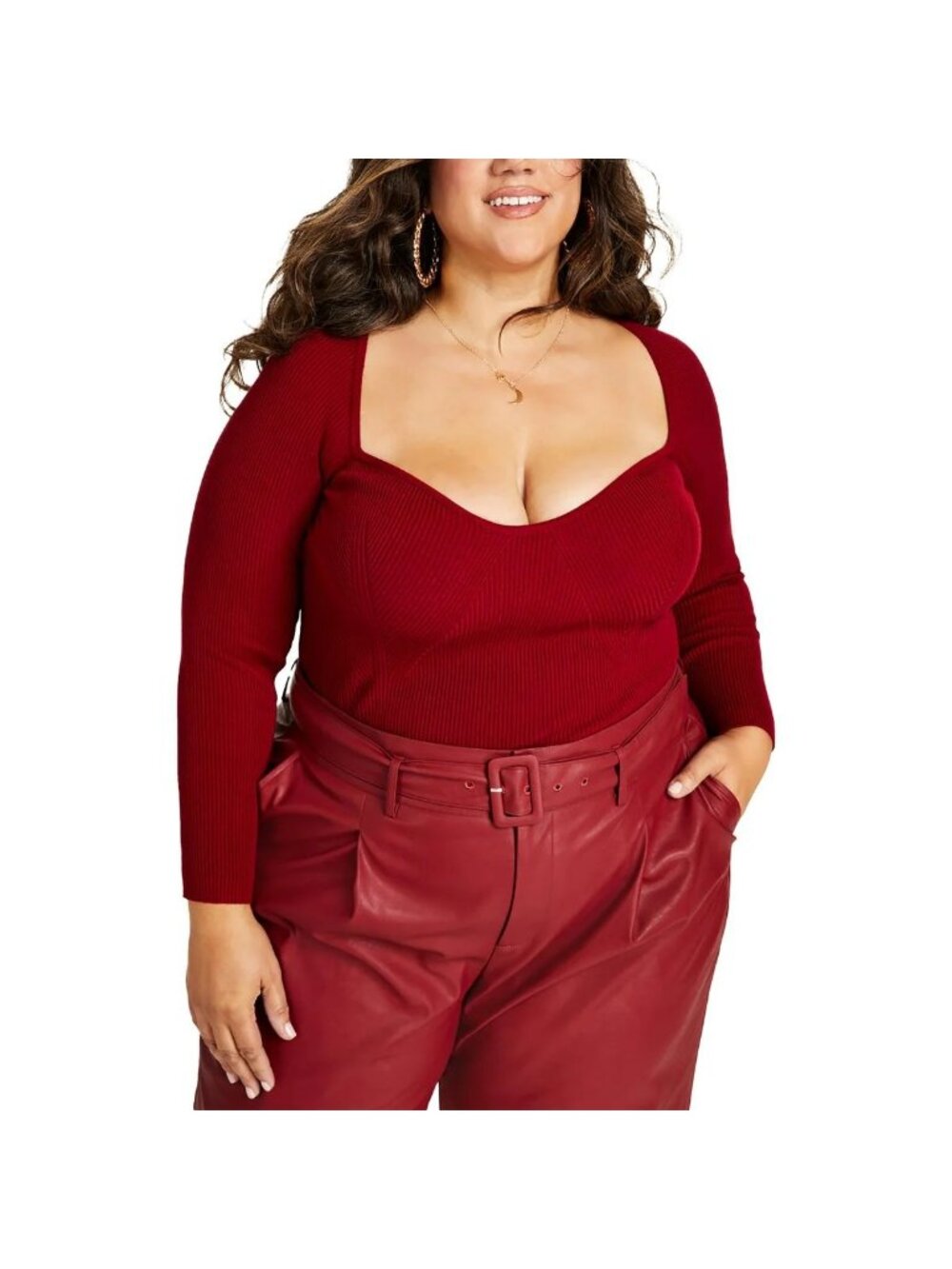 Nina Parker Sweater 3X Plus Burgundy Sweetheart Neck Ribbed Pullover Bodycon Top
